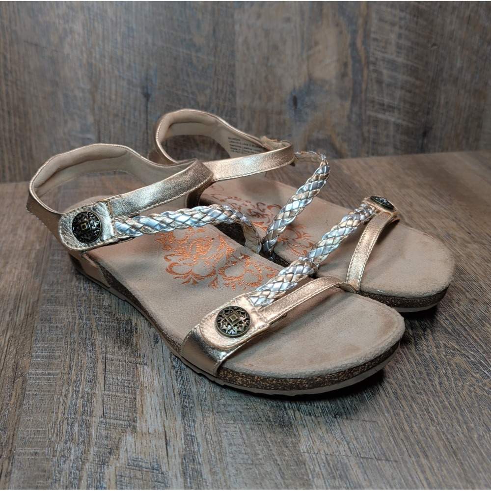 Aetrex Jillian Braided Quarter Strap Gold Leather Sandals Women Size US 10 EU 41